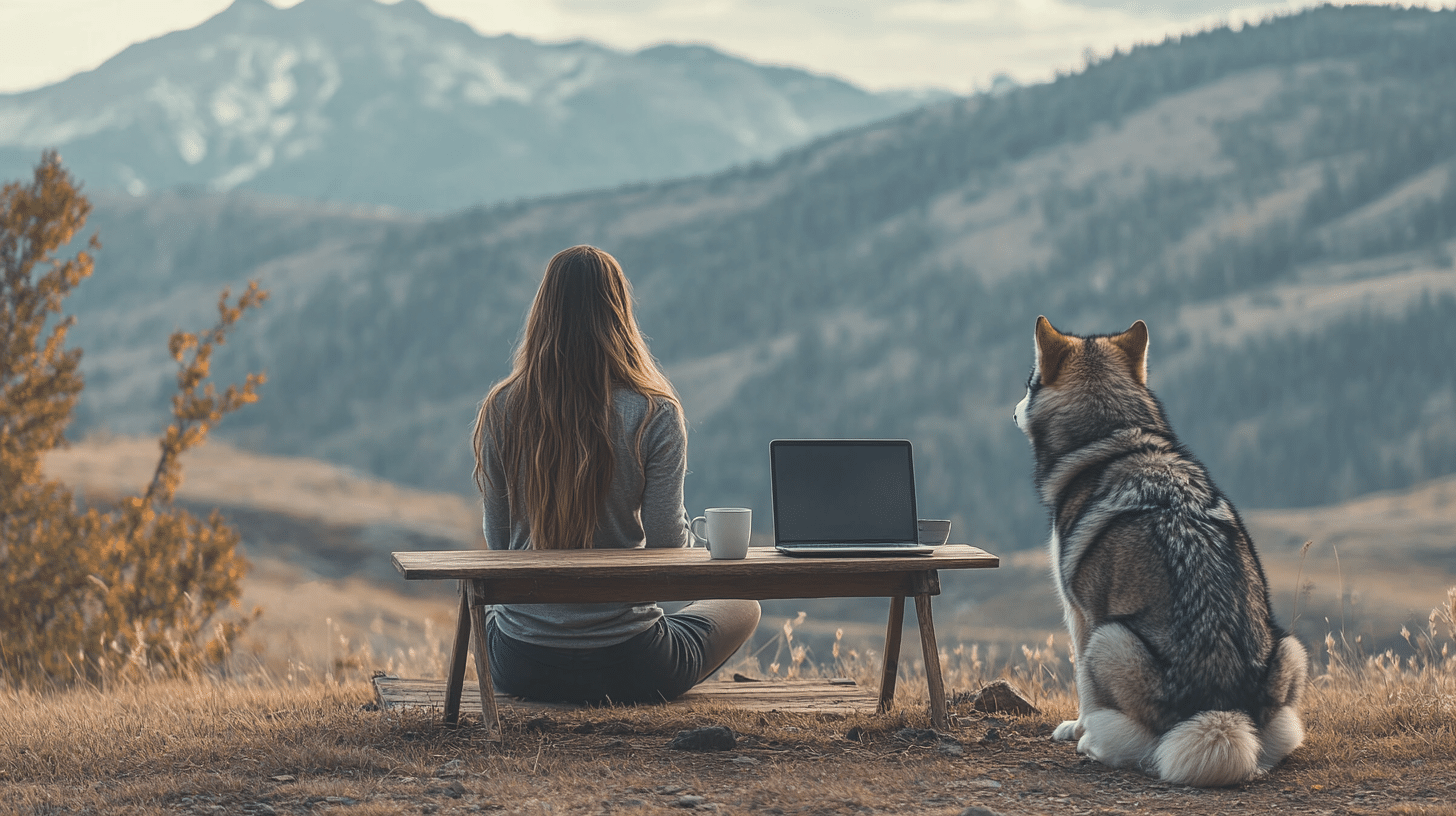 Femme chien loup devant montagne